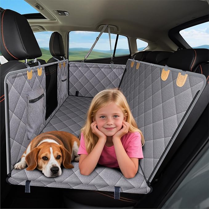 Dog Car Seat Cover for Back Seat, Waterproof Dog Seat Cover for Back Seat, Hard Bottom Back Seat Pet Cover for Dogs, Large-Space Hammock for Car Truck SUV, Pet Seat Cover Holds 450lbs(Grey)