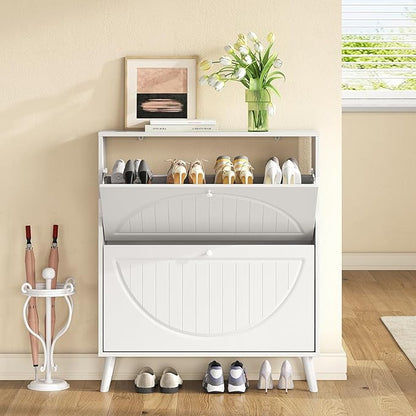 Slim Shoe Cabinet with 2 Flip Drawer,Modern White Shoe Organizer with Adjustable Shelves, Stylish Narrow Shoe Cabinet Storage for Entryway Hallway Bedroom Living Room