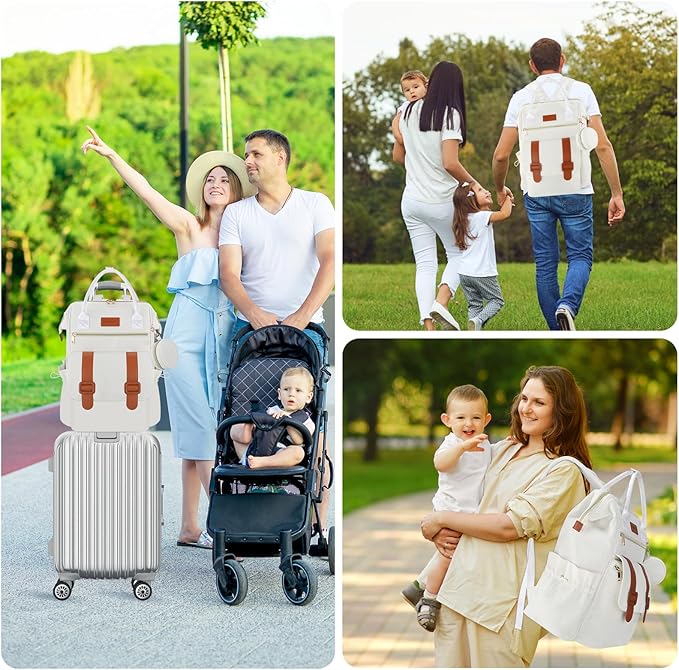 PIIOSER Diaper Bag Backpack with Ice Pack, Large Capacity & Waterproof Baby Travel Backpack Bag for Moms Dads, Insulated Baby Cooler Bag with Changing Pad, Stroller Straps & Pacifier Case, Cream