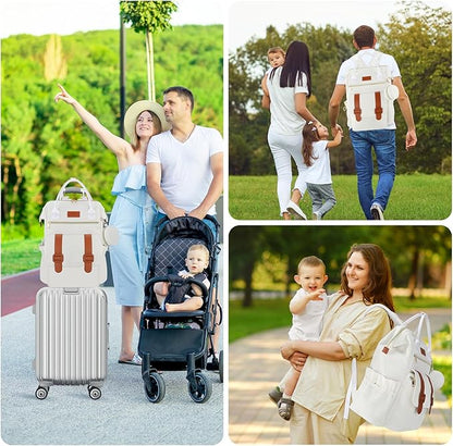 PIIOSER Diaper Bag Backpack with Ice Pack, Large Capacity & Waterproof Baby Travel Backpack Bag for Moms Dads, Insulated Baby Cooler Bag with Changing Pad, Stroller Straps & Pacifier Case, Cream