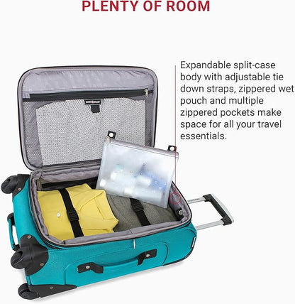 SwissGear Sion Softside Expandable Luggage – Carry-On Suitcase with 360 Degree Wheels & Retractable Handle – 21 Inch, Perfect for 1-3 Night Trips – Teal