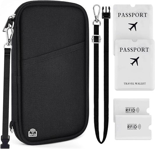 Family Passport Holder for Travel, RFID Blocking Travel Document Organizer with Flexible Carrying Style, Portable Passport Wallet and Essentials for Travel (Black)