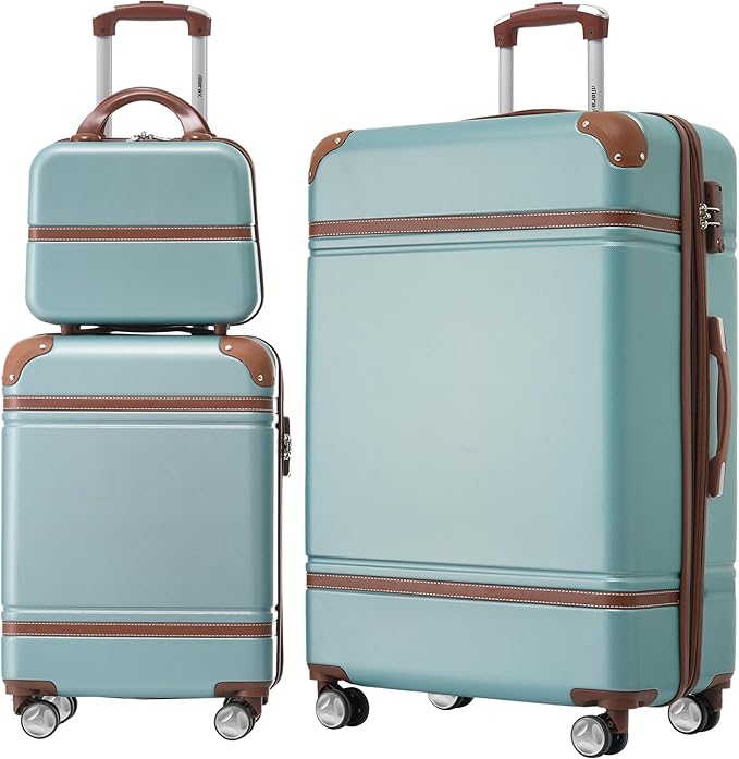 Merax Luggage Set, 2 Piece Luggage with Cosmetic Case, Vintage Hardcase Suitcase with Wheels, Expandable Luggage Airline Approved(Blue Green,20"+28")