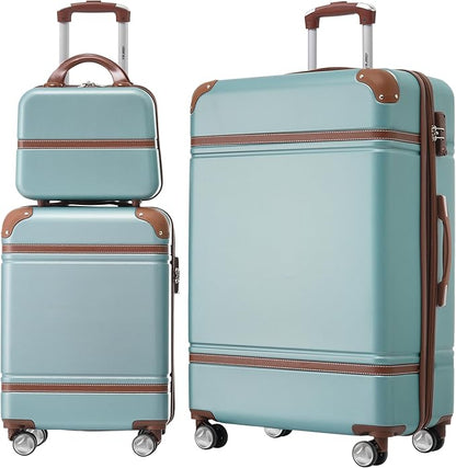 Merax Luggage Set, 2 Piece Luggage with Cosmetic Case, Vintage Hardcase Suitcase with Wheels, Expandable Luggage Airline Approved(Blue Green,20"+28")