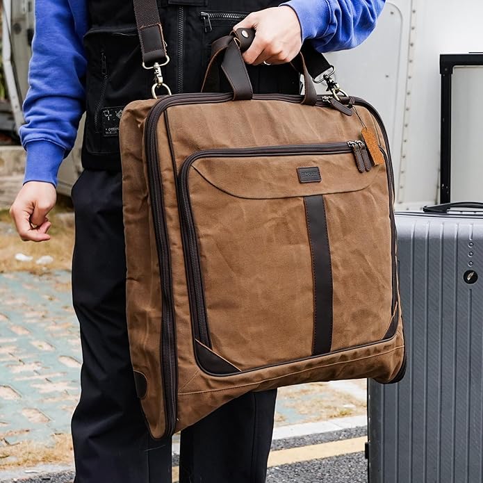 Polare Waxed Canvas Full Grain Leather Trim Garment Carry on Bag for Business Travel, Waterproof Hanging Suit Luggage Bag Wrinkle-Free Suit Cover with YKK Zipper and Shoulder Strap