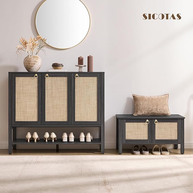SICOTAS Farmhouse Shoe Cabinet with Storage - 2 Pieces Large Rattan Shoe Organizer with Adjustable Shelves & 3 Doors, Boho Shoe Rack Cabinet for Entryway, Hallway, Living Room (Obsidian)