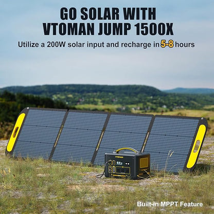 VTOMAN Jump 1500X Portable Power Station with 200W Solar Panel, 1500W/828Wh LiFePO4 Battery Solar Generator with AC Outlets, PD 100W Type-C, Large Capacity Expandable for Camping, Home Backup, Travel