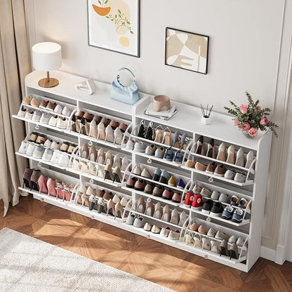 VOWNER Large Shoe Storage Cabinet with 6 Flip Drawers, Freestanding Shoe Organizer with Open Storage & Crystal Handle, Slim Narrow Shoe Rack Cabinet for Entryway, Foyer, Hallway, White