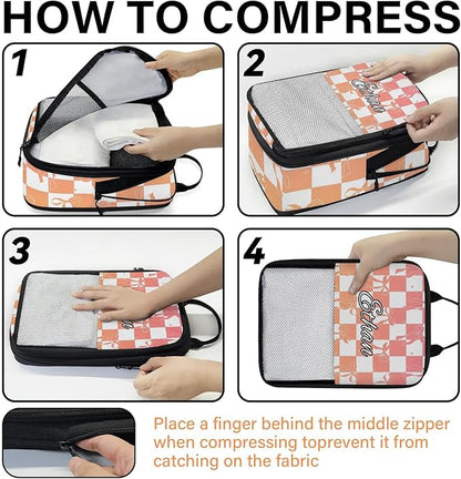 Custom 6 Set Compression Packing Cubes with Name Personalized Compressible Expandable Packing Organizers Luggage Carry On Suitcase Bags Travel Accessories Gifts, Orange Rose Gradient
