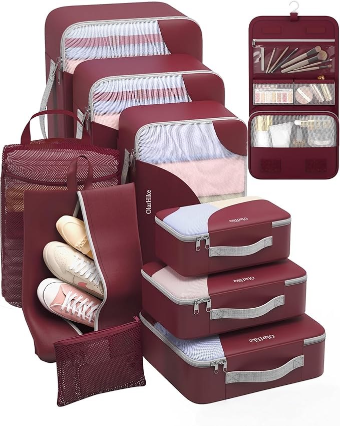 ALL INCLUDED 10 Set Durable Packing Cubes for Suitcases,OlarHike Essentials for Travel,UPGRADED Anti-Tear Stitching, NEW Improved Luggage Packing Organizers for Travel Accessories (Wine)