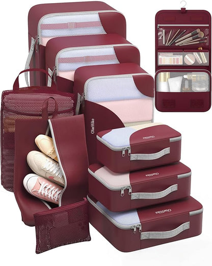 ALL INCLUDED 10 Set Durable Packing Cubes for Suitcases,OlarHike Essentials for Travel,UPGRADED Anti-Tear Stitching, NEW Improved Luggage Packing Organizers for Travel Accessories (Wine)