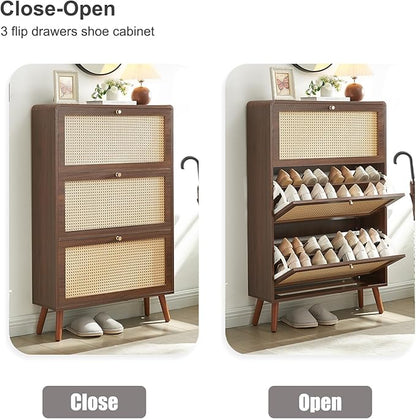 Rattan Shoe Cabinet with 3 Flip Drawers, 48 Pairs Narrow Shoe Storage Cabinet for Entryway Freestanding Hidden Shoe Rack, Modern Slim Wood Shoe Organizer for Hallway, Walnut