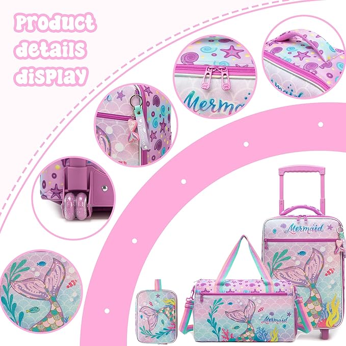 Kids Luggage Set with Wheels Girls Cute Mermaid Travel Softside Suitcases 16" Carry on Suitcase with Duffle Bag Girls Luggage Sets Airline Approved