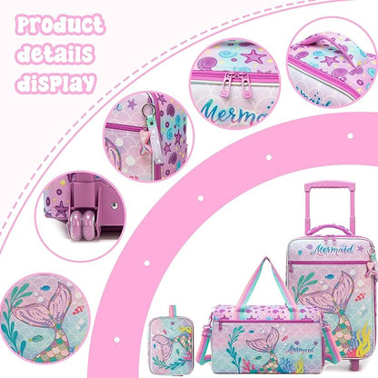Kids Luggage Set with Wheels Girls Cute Mermaid Travel Softside Suitcases 16" Carry on Suitcase with Duffle Bag Girls Luggage Sets Airline Approved