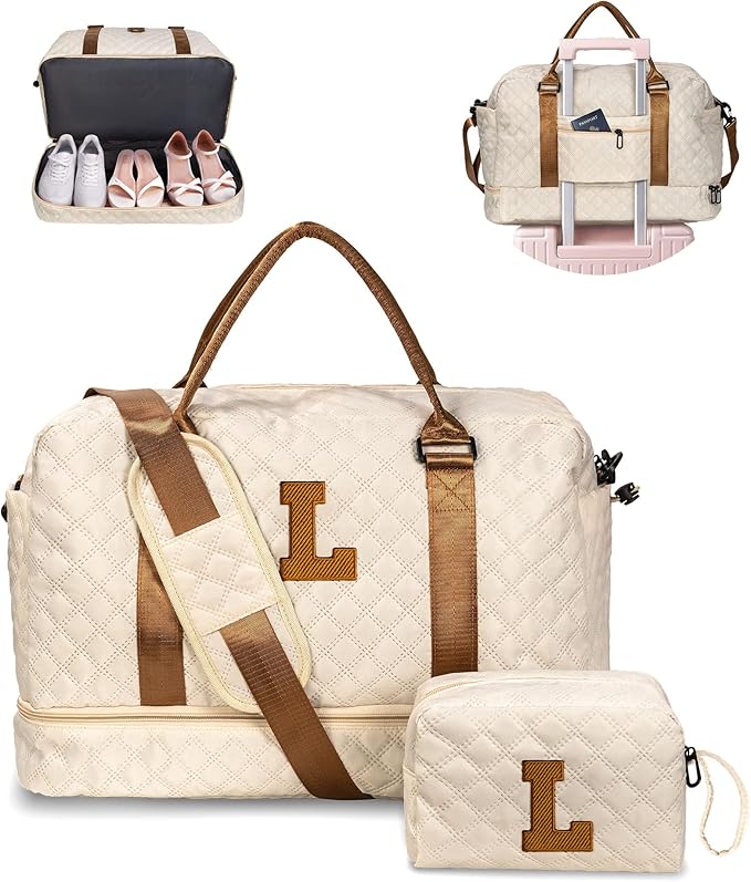 Personalized Initial Duffle Bag - Weekender, Overnight, Travel Bag with Shoe & Makeup Compartments - Monogram Letter (L) - Birthday Gift