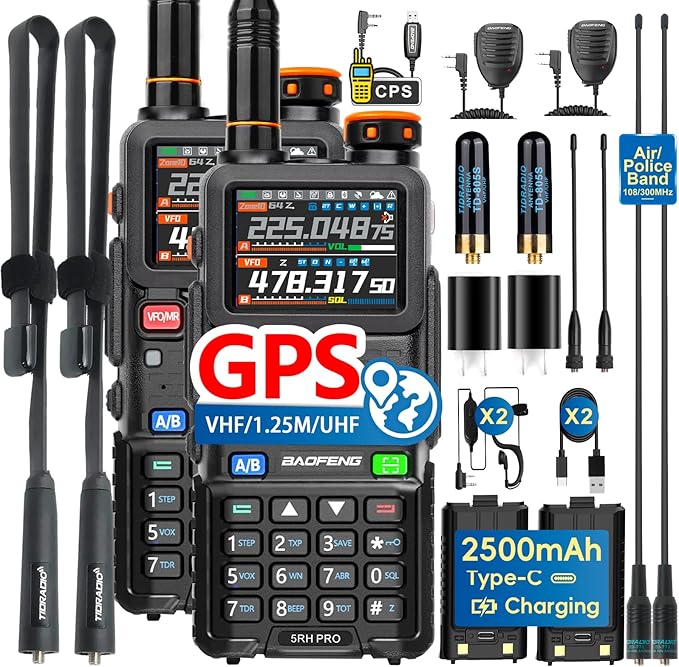 BAOFENG BF-5RH PRO GPS 10Ｗ Ham Handheld Radio, Multi-Band Long Range Two-Way Radio with 18.89'' Tactical Antenna, Aviation/VHF/UHF/ 1.25m Scanner, NOAA APRS 5RM Walkie Talkies Type-C Charging,2 Pack