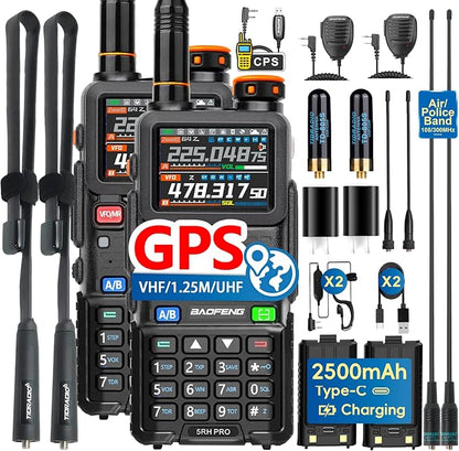 BAOFENG BF-5RH PRO GPS 10Ｗ Ham Handheld Radio, Multi-Band Long Range Two-Way Radio with 18.89'' Tactical Antenna, Aviation/VHF/UHF/ 1.25m Scanner, NOAA APRS 5RM Walkie Talkies Type-C Charging,2 Pack