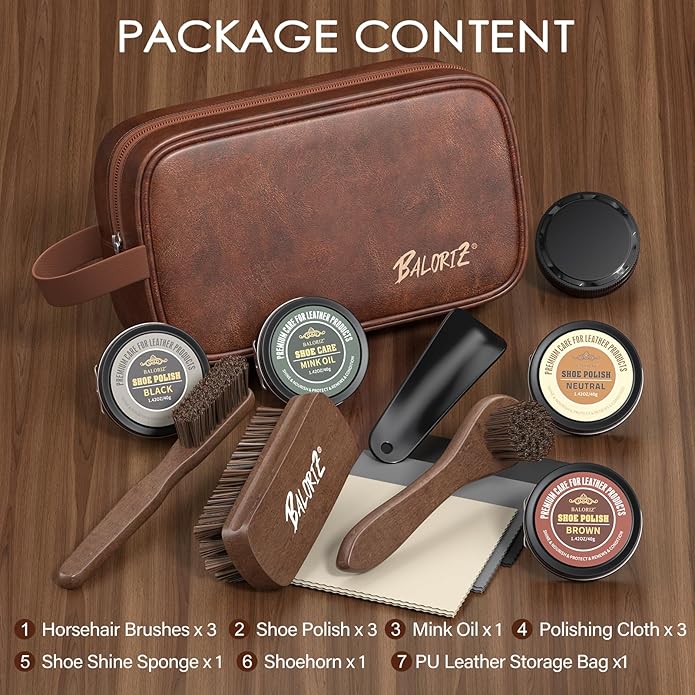 Shoe Shine Kit For Men & Women, 13Pcs Leather Shoe Polish Kit Christmas Gifts with Shoe Polish, Mink Oil, Horsehair Brush for Leather Boot Shoe Care Kit Mens Dad Birthday Gifts Ideas