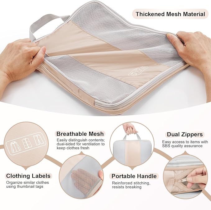 8 Set Compression Packing Cubes for Travel Essentials,Compressible Expandable Packing Cubes for Suitcase,OlarHike Luggage Organizer Bags for Travel,Handy Helper for Organizing Clothes(Beige1)
