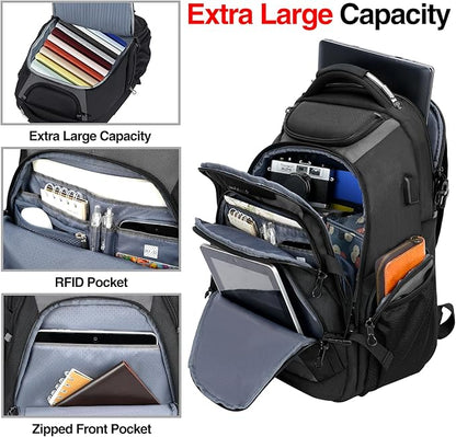 KROSER Travel Laptop Backpack 18.4 Inch XXXL Gaming Backpack with Hard Shell Saferoom RFID Pockets Water-Repellent Business College Daypack Stylish Laptop Bag for Men/Women-Black Grey