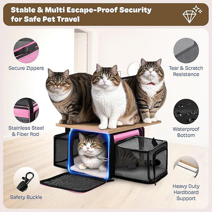 Top and 2 Sides Expandable Cat Carrier 18x11x11, TSA Airline Approved Dog Carriers for Medium Dogs, Soft-Sided Pet Carrier with Self-Locking Zippers for Kitten,Rabbit, Puppy, Guinea Pig Pink