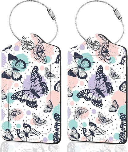 2Pack Luggage Tags for Suitcases, Cute Unique Pu Leather Cruise Luggage Tag with Privacy Cover ID Label Address Card and Metal Ring Suitable for Women Men Kids Travel Bag Colorful Butterfly 1