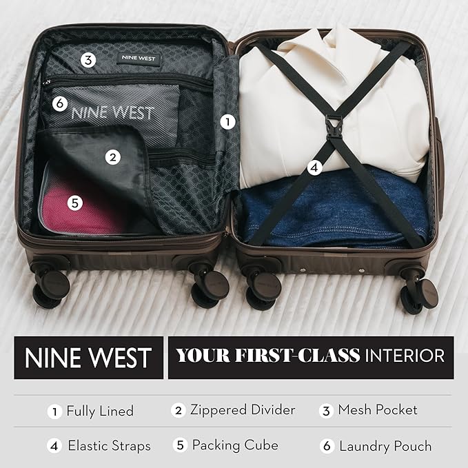 Nine West Zion 20" Inch Smart Carry On Luggage with Wheels, Hardshell Suitcase with Cup Holder & USB Port for Charging, Airline Approved Cabin Bag Chocolate Martini