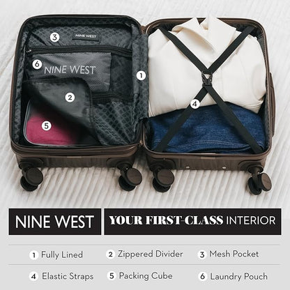 Nine West Zion 20" Inch Smart Carry On Luggage with Wheels, Hardshell Suitcase with Cup Holder & USB Port for Charging, Airline Approved Cabin Bag Chocolate Martini