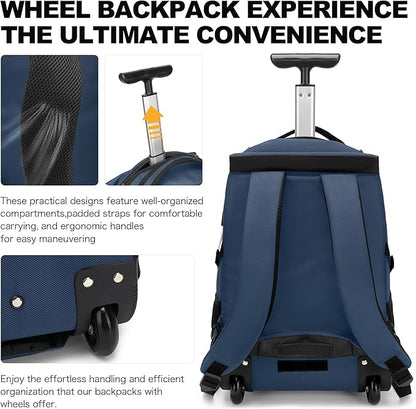 Boavan Rolling Backpack,17 inch Water Resistant Wheeled Backpack,Carry on Luggage Business Bag, Overnight College Computer bag Trolley Suitcase for Men Women Adults to Travel，Black