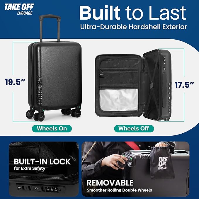 Take OFF Luggage Personal Item 3.0 – 18x14x8 Underseat Carry On with Removable Wheels – TSA Lock, Hardshell Suitcase – Fits Tight Airline Size Rules – No-Fee Lightweight Travel Bag