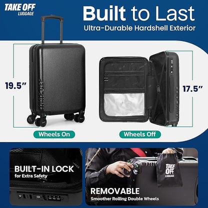 Take OFF Luggage Personal Item 3.0 – 18x14x8 Underseat Carry On with Removable Wheels – TSA Lock, Hardshell Suitcase – Fits Tight Airline Size Rules – No-Fee Lightweight Travel Bag