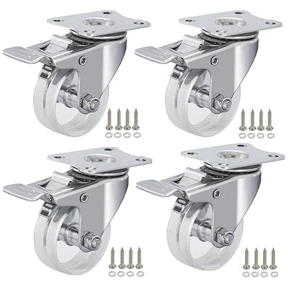 2 Inch Stainless Steel Casters Wheels with Dural Brake, Anti-Corrosion, 360-Degree Rotation, Non-Marking Casters Set of 4 Clear Wheels for Furnitures,Labs,Hospitals,Restaurants