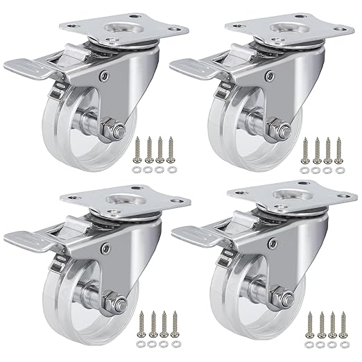 2 Inch Stainless Steel Casters Wheels with Dural Brake, Anti-Corrosion, 360-Degree Rotation, Non-Marking Casters Set of 4 Clear Wheels for Furnitures,Labs,Hospitals,Restaurants