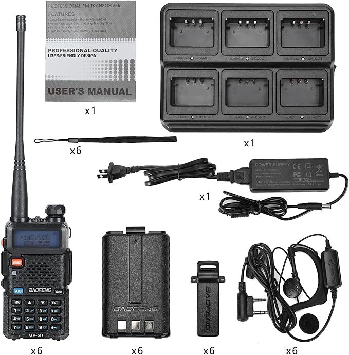 Baofeng UV-5R Dual Band Two Way Radio Handheld Ham Radio Long Range Walkie Talkies Pack of 6 for Hiking Camping Hunting Skiing Trip(Black) with 6 Way Charger