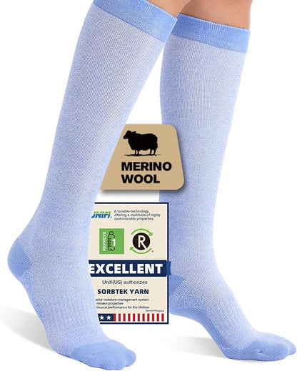 Merino Wool Compression Socks for Women Men, 15-20 mmHg Knee High Socks for Flying, Travel, Running