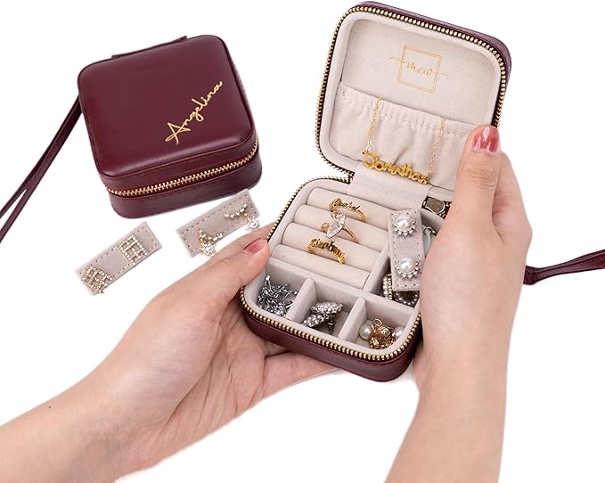 Angelina's Palace Personalized Jewelry Case with Name Engraved,Custom Leather Travel Jewelry Organizer Box for Rings,Earrings,Necklaces,Birthday Bridesmaid Gift For Women