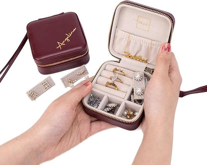 Angelina's Palace Personalized Jewelry Case with Name Engraved,Custom Leather Travel Jewelry Organizer Box for Rings,Earrings,Necklaces,Birthday Bridesmaid Gift For Women