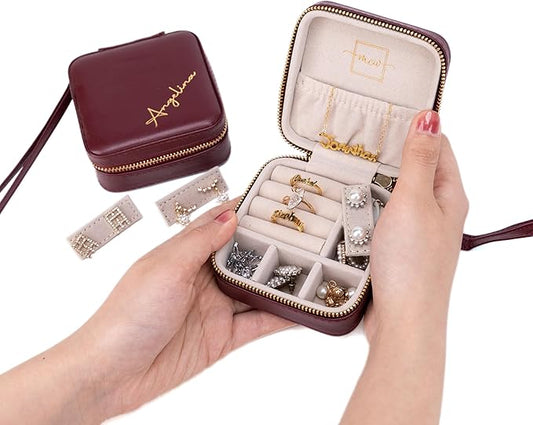 Angelina's Palace Personalized Jewelry Case with Name Engraved,Custom Leather Travel Jewelry Organizer Box for Rings,Earrings,Necklaces,Birthday Bridesmaid Gift For Women