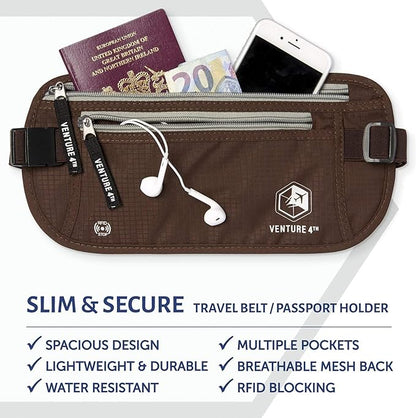 VENTURE 4TH Money Belt for Travel – Hidden Under-Clothes RFID Blocking Passport Holder & Slim Travel Wallet Pouch for Men & Women to Protect Cash, Cards & Documents (Brown)