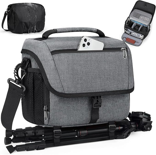 RAINSMORE Camera Bag, DSLR/SLR/Mirrorless Camera Case with Tripod Holder Waterproof Camera Sling Bag Crossbody Camera Bags for Photographers with Rain Cover for Canon/Nikon/Sony/Fuji, Grey