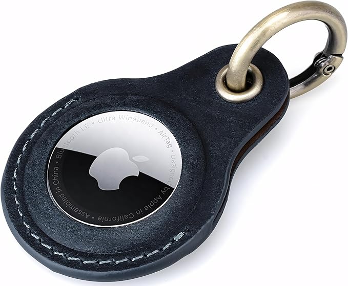 Genuine Leather AirTag Keyring Holder Compatible with Apple AirTag Keychain, Anti Lost Secure Key Ring Case for Keys Pet Collar Luggage Bag Travel, Scratch Resistant Protective Air Tag Key Chain, Blue