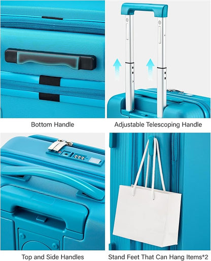 Hanke 20 Inch Expandable Carry On Luggage Airline Approved Top Opening Travel Luggage Rolling Suitcase with Cup Holder Hard Shell Suitcases with Wheels (Caribbean Blue)