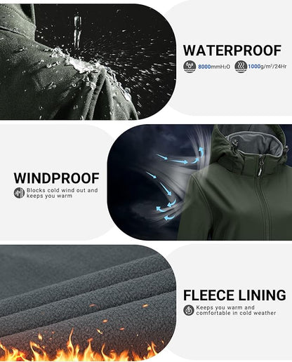 Outdoor Ventures Women's Softshell Jacket with Removable Hood Fleece Lined Windbreaker Insulated Long Warm Rain Jacket