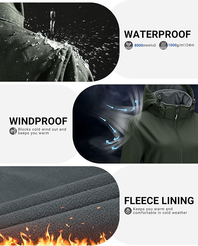 Outdoor Ventures Women's Softshell Jacket with Removable Hood Fleece Lined Windbreaker Insulated Long Warm Rain Jacket