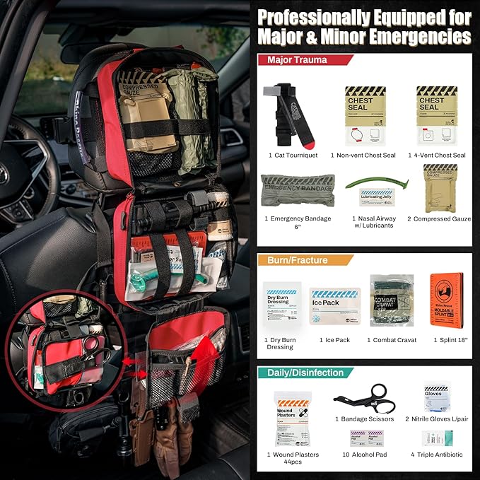 RHINO RESCUE Vehicle IFAK Trauma Kit with C-A-T Tourniquet, Tactical First Aid Kit Molle Pouch Red