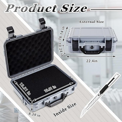 22.4 x 16.1 x 10.2 Inch Waterproof Hard Case with DIY Customizable Foam Insert Portable Protective Case with Knife for Camera Drones Equipments Tools Test Instruments (Gray)