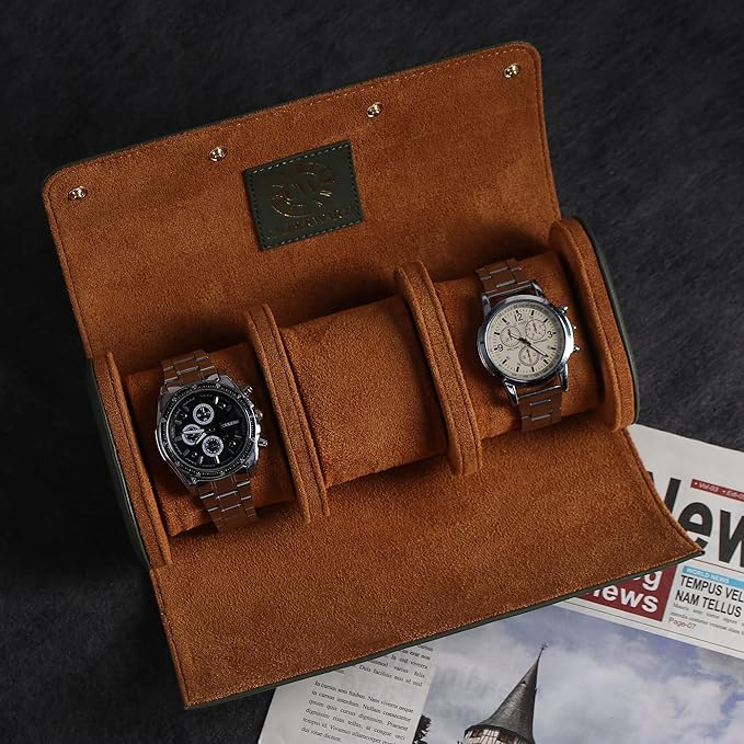 Genuine Napa Leather Watch Roll Travel Case for 3 Watches - Travel Watch Rolls and Leather Watch Display Cases with Velvet Interior - Watch Storage Organizer Men's