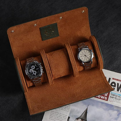 Genuine Napa Leather Watch Roll Travel Case for 3 Watches - Travel Watch Rolls and Leather Watch Display Cases with Velvet Interior - Watch Storage Organizer Men's