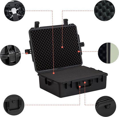 MEIJIA Premium Portable All Weather Heavy Duty Waterproof Hard Compact Camera Case with Customizable Fit Foam, Lightweight Design,24.6"X19.7"X8.6",Black