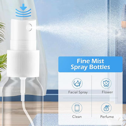 Spray Bottles, 1oz/30ml Clear Empty Fine Mist Plastic Mini Travel Bottle Set, Small Refillable Liquid Containers with 2pcs Funnels and 24pcs Labels (12 Pack)